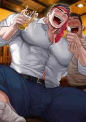 Rule 34 | 2boys, abs, absol (dkqthf), alcohol, bara, beer, black hair, blurry, blurry background, blush, collared shirt, cup, drunk, closed eyes, highres, large pectorals, leather, leather belt, male focus, manly, mature male, multiple boys, muscular, muscular male, musical note, necktie, necktie on head, open mouth, original, pants, pectorals, scar, shirt, short hair, smile, socks, spiked hair, spoon, spread legs, teeth, thick arms, thick eyebrows, thick thighs, thighs, tight clothes, tongue, undercut