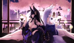 Rule 34 | 2girls, absurdres, animal ear fluff, animal ears, architecture, azur lane, back-to-back, bare shoulders, beads, blue butterfly, blue eyes, breasts, bug, butterfly, cherry blossoms, cleavage, daran9, east asian architecture, fox ears, fox girl, fox tail, fur-trimmed kimono, fur trim, gem, gold trim, hair ornament, highres, holding, holding smoking pipe, huge breasts, insect, japanese clothes, jewelry, kimono, kitsune, kyuubi, large tail, long hair, long sleeves, looking at viewer, low neckline, magatama, magatama necklace, moon phases, multiple girls, multiple tails, musashi (azur lane), necklace, prayer beads, purple gemstone, shinano (azur lane), siblings, sisters, sitting, smoking pipe, tail, very long hair, white hair, white tail, wide sleeves, yellow butterfly