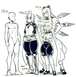 Rule 34 | 3girls, aged up, antennae, belt, blush, boots, cape, cirno, dual persona, full body, hair between eyes, height, height chart, high heel boots, high heels, looking at another, monochrome, multiple girls, pantyhose, short shorts, shorts, simple background, spacezin, thighs, touhou, white background, wriggle nightbug