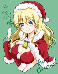 Rule 34 | 10s, 1girl, alcohol, alternate hairstyle, artist name, bell, bikini, blonde hair, blue eyes, breast hold, breasts, capelet, champagne, champagne flute, christmas, cleavage, closed mouth, commentary, commentary request, cropped torso, cup, darjeeling (girls und panzer), drinking glass, elbow gloves, english text, girls und panzer, gloves, green background, hair down, hat, highres, holding, jingle bell, long hair, looking at viewer, medium breasts, merry christmas, one-hour drawing challenge, parda siko, red bikini, red capelet, red gloves, red hat, santa costume, santa hat, signature, smile, solo, swimsuit, upper body