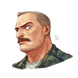 Rule 34 | 1boy, aaron gruber (o natsuo88), bara, beard stubble, facial hair, facial scar, gingham shirt, grey hair, highres, looking at viewer, male focus, mature male, mustache, o natsuo88, old, old man, original, portrait, receding hairline, scar, scar on cheek, scar on face, scowl, shirt, short hair, solo, stubble, thick eyebrows, thick mustache, white background, white shirt, wrinkled skin