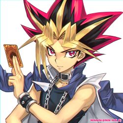 Rule 34 | 1boy, absurdres, black hair, black shirt, blonde hair, bright pupils, card, chain, choker, closed mouth, commentary request, highres, holding, holding card, jacket, jacket on shoulders, looking at viewer, male focus, ninnin (shishitou), shirt, simple background, sleeveless, sleeveless shirt, smile, solo, spiked hair, twitter username, upper body, white background, white pupils, wristband, yami yuugi, yu-gi-oh!, yu-gi-oh! duel monsters