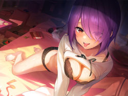 Rule 34 | 1girl, aogiri koukou, barefoot, bed, bedroom, black bra, black panties, box, bra, breasts, breath, chabudai (table), chips (food), cleavage, clothes lift, collarbone, drooling, eyes visible through hair, food, hair between eyes, hair over one eye, highres, long sleeves, looking at viewer, maeshimashi, medium breasts, medium hair, messy room, official art, on bed, open mouth, otodama tamako, panties, purple hair, red eyes, saliva, shirt lift, snack, soda bottle, solo, sweat, table, tongue, tongue out, underwear, virtual youtuber, wet, wooden floor, zaisu