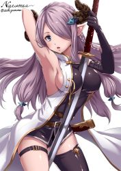 Rule 34 | 10s, 1girl, arm up, armpits, between breasts, blue eyes, blush, breasts, draph, elbow gloves, gloves, granblue fantasy, hair ornament, hair over one eye, hairclip, horns, impossible clothes, katana, light purple hair, long hair, looking at viewer, narmaya (granblue fantasy), open mouth, pointy ears, sakiyamama, sideboob, single glove, single thighhigh, solo, standing, sword, thigh strap, thighhighs, weapon