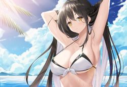 Rule 34 | 1girl, absurdres, ara haan, armpits, arms behind back, arms behind head, arms up, bikini, black hair, blue sky, blush, braid, breasts, cleavage, colored inner hair, commentary, day, elsword, english commentary, front-tie bikini top, front-tie top, glint, highres, huge filesize, large breasts, looking at viewer, mountainous horizon, multicolored hair, ocean, outdoors, parted lips, ribbon, silver hair, sky, solo, strap gap, sunlight, sweat, swimsuit, two-tone hair, underboob, veca, white bikini, white ribbon, yellow eyes