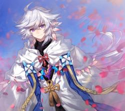 Rule 34 | 1boy, blue sky, capelet, chocoan, closed mouth, day, fate/grand order, fate (series), hooded robe, light rays, long hair, looking at viewer, male focus, merlin (fate/stay night), outdoors, petals, purple eyes, robe, sky, smile, solo, sunbeam, sunlight