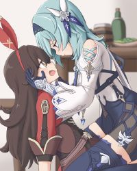 Rule 34 | 2girls, amber (genshin impact), assertive female, beer mug, blue hair, blush, brown hair, cup, dadamori, drunk, eula (genshin impact), eye contact, face-to-face, genshin impact, girl on top, gloves, hairband, half-closed eyes, hand on another&#039;s cheek, hand on another&#039;s face, highres, long sleeves, looking at another, mug, multiple girls, open mouth, sitting, sitting on lap, sitting on person, surprised, sweatdrop, table, yellow eyes, yuri