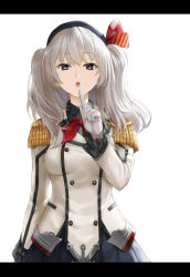 Rule 34 | 10s, 1girl, bad id, bad pixiv id, epaulettes, finger to mouth, gloves, grey eyes, hat, kantai collection, kashima (kancolle), long hair, long sleeves, looking at viewer, military, military uniform, shushing, silver hair, skirt, solo, takemori shintarou, twintails, uniform, white gloves