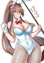 Rule 34 | absurdres, animal ears, ball, bow, bowtie, breasts, brown eyes, brown hair, cane, cleavage, dated, detached collar, fishnet pantyhose, fishnets, hair intakes, highres, kantai collection, katou shinobu, large breasts, leotard, long hair, one-hour drawing challenge, pantyhose, playboy bunny, rabbit ears, red bow, red bowtie, sidelocks, simple background, smile, strapless, strapless leotard, white background, white leotard, white pantyhose, wrist cuffs, yamato (kancolle)