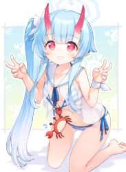 Rule 34 | 1girl, animal, bare legs, bare shoulders, barefoot, bikini, bikini under clothes, blue archive, blue hair, breasts, chise (blue archive), chise (swimsuit) (blue archive), commentary request, crab, double v, flower, flying sweatdrops, grin, hair flower, hair ornament, halo, hands up, highres, horns, kito (sorahate), kneeling, oni, oni horns, red eyes, sailor collar, side-tie bikini bottom, side ponytail, small breasts, smile, solo, striped bikini, striped clothes, swimsuit, v, white flower, white sailor collar