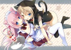 Rule 34 | 2girls, animal ears, bell, neck bell, black legwear, blonde hair, blue eyes, blush, breasts, candy, cat ears, cat tail, cleavage, collar, fish hair ornament, food, glass, hair ornament, heterochromia, holding, holding tray, hood, hoodie, ice cream, large breasts, lollipop, multiple girls, open mouth, original, pink hair, smile, spoon, sundae, tail, thighhighs, tray, white legwear, yellow background, yoruneko