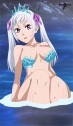 Rule 34 | 1girl, absurdres, bare arms, bare legs, bare shoulders, black clover, bra, breasts, cleavage, collarbone, crown, hair ornament, hair ribbon, highres, indexryo, large breasts, long hair, looking at viewer, noelle silva, parted lips, purple eyes, ribbon, silver hair, sitting, thighs, twintails, underwear, water, wet