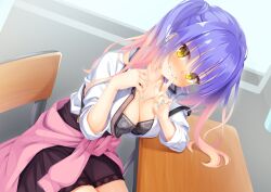Rule 34 | 1girl, 8kumagawa (log), black bra, blue hair, blue nails, blush, bra, breasts, classroom, cleavage, clothes around waist, collarbone, commentary, dark skin, desk, dutch angle, elbow on table, eyelashes, eyes visible through hair, finger to mouth, fingernails, full-face blush, gradient hair, grin, hair between eyes, hair over shoulder, half updo, hands up, head tilt, high-waist skirt, highres, index finger raised, indoors, kohibari kurumi, large breasts, leaning forward, long sleeves, looking at viewer, multicolored hair, nail polish, on chair, open clothes, open shirt, orange hair, pink sweater, school desk, school uniform, seductive smile, shirt, shushing, sitting, skirt, sleeves rolled up, smile, solo, suspender skirt, suspenders, sweater, teeth, tenshi souzou re-boot!, twintails, underwear, wavy hair, white shirt, yellow eyes