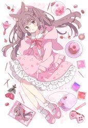Rule 34 | 1girl, absurdres, animal ear fluff, animal ears, animal hood, bag, beret, blush, brown eyes, brown hair, collared dress, commentary request, commission, controller, cup, doughnut, dress, fake animal ears, floating hair, flower, food, frilled dress, frills, fruit, full body, game controller, handbag, hat, highres, hood, hood down, hooded jacket, jacket, long hair, long sleeves, looking at viewer, macaron, open clothes, open jacket, original, pink dress, pink footwear, pink hat, pink jacket, plate, pocky, puffy long sleeves, puffy sleeves, rabbit ears, rabbit hood, red flower, shoes, skeb commission, sleeves past wrists, smile, socks, solo, strawberry, tablet pc, tsukiyo (skymint), twintails, very long hair, watermark, white socks