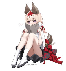 Rule 34 | 1girl, animal ears, bare legs, blonde hair, blush, book, dog ears, dog girl, dog tail, guangsupaomian, highres, holding, holding book, leaf, leaf on head, looking at viewer, maple leaf, original, purple eyes, simple background, sitting, solo, tail, thighs, white background