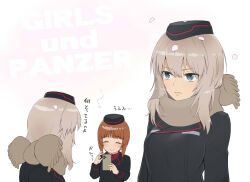 Rule 34 | 2girls, black headwear, black jacket, blue eyes, brown hair, cellphone, cherry blossoms, closed eyes, closed mouth, copyright name, dress shirt, english text, garrison cap, girls und panzer, grey hair, grey scarf, hat, highres, holding, holding phone, itsumi erika, jacket, kuromorimine military uniform, light frown, long sleeves, looking at another, medium hair, military, military hat, military uniform, multiple girls, nishizumi miho, petals, phone, red shirt, scarf, shirt, short hair, simple background, smartphone, smile, standing, taking picture, translated, uniform, wata do chinkuru, white background, wing collar