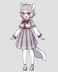Rule 34 | 1girl, :d, adapted costume, animal ear fluff, animal ears, belt, blue eyes, bow, bowtie, center frills, collar, dog (mixed breed) (kemono friends), dog ears, dog girl, dog tail, dress, fang, frilled collar, frilled sleeves, frills, full body, gloves, grey background, grey dress, grey footwear, grey hair, harness, heterochromia, kemono friends, long sleeves, mary janes, multicolored hair, nyifu, open mouth, outstretched arms, pantyhose, pleated dress, red bow, red bowtie, shoes, short hair, simple background, smile, solo, tail, two-tone hair, white gloves, white hair, white pantyhose, white sleeves, yellow eyes