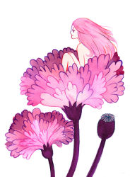 Rule 34 | 1girl, closed mouth, commentary, english commentary, flower, from side, hand on own knee, heikala, knees up, long hair, looking to the side, mini person, minigirl, original, painting (medium), peony (flower), pink flower, pink hair, poppy (flower), profile, simple background, sitting, solo, traditional media, watercolor (medium), white background
