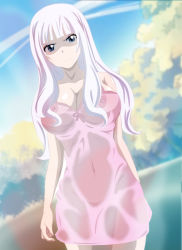 Rule 34 | 1girl, angry, blue eyes, breasts, fairy tail, fighting, forest, highres, kodansha, kunaix, large breasts, mirajane strauss, nature, nipples, see-through, wet, white hair