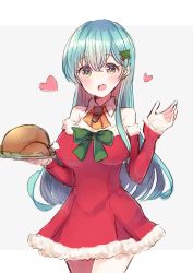 Rule 34 | 10s, :d, alternate costume, aqua eyes, aqua hair, bare shoulders, bird, blush, breasts, chicken, christmas, dress, hair ornament, hairclip, heart, highres, kantai collection, large breasts, long hair, looking at viewer, mochiko (mocchikkoo), open mouth, santa costume, smile, solo, suzuya (kancolle)