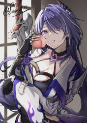 Rule 34 | 1girl, acheron (honkai: star rail), black gloves, breasts, cleavage, commentary, food, fruit, gloves, hair ornament, highres, holding, holding food, holding fruit, honkai: star rail, honkai (series), katana, kouno (uiyoyo199), large breasts, long hair, peach, purple eyes, purple hair, scabbard, sheath, sheathed, solo, sword, symbol-only commentary, upper body, very long hair, weapon