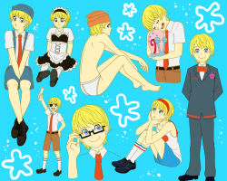Rule 34 | 1boy, adjusting eyewear, alternate costume, animification, blonde hair, blouse, blue eyes, blue hat, boots, briefs, buck teeth, collared shirt, corset, cross-laced footwear, crossdressing, eyelashes, eyepatch, freckles, glasses, hand on own hip, hat, head tilt, kneehighs, lace-up boots, lolita fashion, maid, male focus, male underwear, multiple views, nickelodeon, no pants, personification, shirt, shirt tucked in, sitting, sleeveless, sleeveless shirt, snail, socks, spongebob squarepants, spongebob squarepants (series), spread legs, standing, swept bangs, teeth, topless male, underwear, wavy hair, white legwear, white male underwear