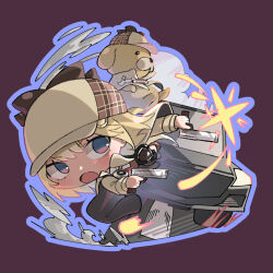 Rule 34 | 1girl, blonde hair, blue eyes, brown capelet, brown coat, brown headwear, bubba (watson amelia), capelet, car, chibi, coat, collar, collared shirt, deerstalker, gun, hat, highres, holding, holding weapon, hololive, hololive english, kouhiipan, motor vehicle, necktie, open clothes, open mouth, plaid, red necktie, shirt, short hair, short necktie, simple background, stethoscope, tongue, virtual youtuber, watson amelia, watson amelia (1st costume), weapon, white shirt