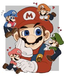 Rule 34 | 2boys, blue eyes, blue overalls, brown hair, facial hair, gloves, green shirt, hat, highres, luigi, male focus, mario, mario (series), mimimi (mimimim9999), multiple boys, multiple persona, mustache, nintendo, overalls, red hat, shirt, short hair, super smash bros., white gloves