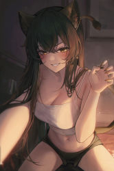 Rule 34 | 1girl, absurdres, animal ear fluff, animal ears, bare arms, bare shoulders, black shorts, breasts, brown eyes, brown hair, camisole, claw pose, cleavage, crop top, fingernails, grin, highres, large breasts, lion ears, lion girl, lion tail, long hair, looking at viewer, meoyo, micro shorts, midriff, navel, novel illustration, official art, original, outstretched arm, selfie, sharp fingernails, shirt, short shorts, shorts, sitting, sleeveless, sleeveless shirt, smile, solo, spaghetti strap, spread legs, stomach, tail, thighs, v-shaped eyebrows, white shirt