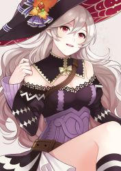 Rule 34 | 1girl, aym (ash3ash3ash), belt, breasts, cleavage, commentary request, corrin (female) (fire emblem), corrin (fire emblem), detached collar, dress, fire emblem, fire emblem fates, grey background, hat, highres, long hair, long sleeves, medium breasts, nintendo, parted lips, pointy ears, protected link, red eyes, short dress, simple background, solo, white hair, witch hat