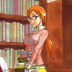 Rule 34 | 00s, 1girl, bespectacled, bleach, book, bookshelf, breasts, glasses, grey eyes, inoue orihime, kubo tite, large breasts, library, long hair, lowres, matching hair/eyes, official art, orange eyes, orange hair, ponytail, shirt, solo, striped clothes, striped shirt