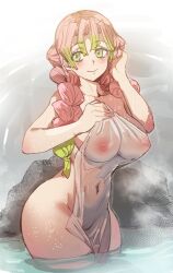 Rule 34 | 1girl, blush, bow (bhp), braid, breasts, cleavage, closed mouth, collarbone, covered erect nipples, covered navel, covering privates, gradient hair, green eyes, green hair, hand in own hair, holding, holding towel, kanroji mitsuri, kimetsu no yaiba, large breasts, long hair, looking to the side, mole, mole under eye, multicolored hair, naked towel, nipples, nude cover, onsen, pink hair, raised eyebrows, rock, smile, solo, standing, thighs, towel, twin braids, two-tone hair, wading