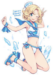 Rule 34 | 1girl, anchor symbol, bare legs, barefoot, bikini, blonde hair, blue eyes, blue sailor collar, blush, bow, bow bikini, collarbone, dated, hat, janus (kancolle), kantai collection, navel, odawara hakone, one-hour drawing challenge, one eye closed, open mouth, sailor collar, short hair, simple background, smile, solo, swimsuit, toes, twitter username, v, white background, white hat