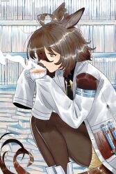 Rule 34 | 1girl, agnes tachyon (umamusume), ahoge, black necktie, black pantyhose, book, brown eyes, brown hair, commentary request, cork, cup, from side, goldenriver8, highres, holding, holding cup, horse girl, korean commentary, lab coat, messy hair, necktie, pantyhose, short hair, sitting, sleeves past fingers, sleeves past wrists, solo, sweater, teacup, test tube, umamusume, yellow sweater