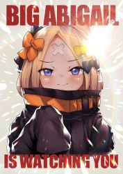 Rule 34 | 1984 (novel), 1girl, abigail williams (fate), abigail williams (traveling outfit) (fate), absurdres, backlighting, bad id, bad pixiv id, black bow, black jacket, blonde hair, blue eyes, blush, bow, character name, closed mouth, commentary request, cropped torso, english text, fate/grand order, fate (series), grey background, hair bow, hair bun, hand up, heroic spirit traveling outfit, highres, huge filesize, jacket, long hair, long sleeves, looking at viewer, multiple hair bows, nichigeckoh, official alternate costume, orange bow, parted bangs, simple background, single hair bun, sleeves past fingers, sleeves past wrists, solo, upper body