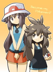 Rule 34 | 2girls, arm behind back, bare shoulders, black wristband, blue shorts, brown eyes, brown hair, closed mouth, creatures (company), game freak, gradient background, green (pokemon), hat, highres, leaf (pokemon), long hair, miniskirt, multiple girls, nintendo, pokemon, pokemon frlg, pokemon lgpe, rascal (feuille), red skirt, shorts, skirt, smile, source quote, sparkle, split mouth, v arms, white headwear
