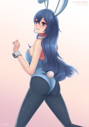 Rule 34 | 1girl, ass, bare shoulders, blue eyes, blue hair, blush, breasts, fire emblem, fire emblem awakening, from behind, hairband, highres, kneeling, leotard, long hair, looking at viewer, lucina (fire emblem), nintendo, open mouth, pantyhose, playboy bunny, rabbit ears, rabbit tail, shiny skin, sideboob, smile, solo, tail, very long hair, zelc-face