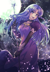 Rule 34 | 1girl, absurdres, asymmetrical gloves, asymmetrical sleeves, black choker, black gloves, choker, collarbone, commentary request, dress, elbow gloves, fate/grand order, fate (series), full moon, gloves, highres, holding, holding staff, huge filesize, lipstick, long dress, long hair, looking at viewer, makeup, medea (fate), moon, night, night sky, pointy ears, purple dress, purple eyes, purple hair, purple lips, sasa mizuka, single elbow glove, sky, smile, solo, staff, uneven gloves, uneven sleeves, very long hair