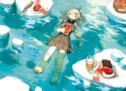 Rule 34 | 1girl, afloat, alcohol, bear, beer, beer mug, blood, book, breasts, closed eyes, closed mouth, cup, dress, food, from above, full body, furry, furry female, holding, holding book, iceberg, knife, long hair, lying, meat, medium breasts, mug, on back, original, personification, pizza, polar bear, sleeveless, sleeveless dress, smile, solo, striped clothes, striped dress, water, white hair, zinbei