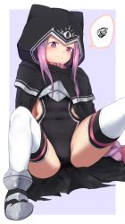 Rule 34 | 1girl, black cloak, black leotard, blush, bow, braid, cloak, closed mouth, collar, commentary request, covered navel, fate/grand order, fate (series), grey footwear, hair bow, highres, hood, hood up, hooded cloak, leotard, long hair, medusa (fate), medusa (lancer) (fate), medusa (rider) (fate), nenosame, pink collar, purple background, purple eyes, purple hair, red bow, rider, sitting, solo, spoken sweatdrop, spread legs, sweatdrop, thighhighs, two-tone background, very long hair, white background, white thighhighs