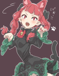 Rule 34 | 1girl, absurdres, animal ears, animal print, bell, black dress, black ribbon, braid, cat ears, cat print, cat tail, collar, commentary, dress, fangs, frilled dress, frilled sleeves, frills, from behind, hair ribbon, hands up, highres, kaenbyou rin, kawayabug, long hair, long sleeves, multiple tails, nail polish, narrow waist, neck bell, open mouth, outline, paw pose, paw print, pointy ears, red eyes, red hair, red nails, red ribbon, ribbon, simple background, solo, tail, tareme, touhou, turning around, twin braids, twintails, twisted torso, two tails, v-shaped eyebrows, white outline
