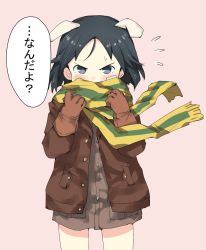 Rule 34 | 10s, 1girl, animal ears, bandaid, bandaid on face, black hair, blue eyes, blush, brave witches, cowboy shot, dog ears, flying sweatdrops, gedou (ge ge gedou), gloves, highres, kanno naoe, military, military uniform, pink background, scarf, short hair, simple background, solo, speech bubble, standing, translated, uniform, world witches series