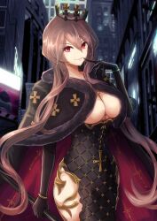 Rule 34 | 1girl, azur lane, black cape, black dress, black gloves, breasts, brown hair, cape, cleavage, clemenceau (azur lane), closed mouth, commentary request, cowboy shot, cross, crown, dashinoya, dress, elbow gloves, finger to mouth, fur trim, gloves, hair between eyes, hand up, hip vent, holding, holding staff, jewelry, large breasts, long hair, looking at viewer, red cape, red eyes, sidelocks, smile, solo, staff, standing, tight clothes, tight dress, two-sided cape, two-sided fabric, two-tone cape, wristlet