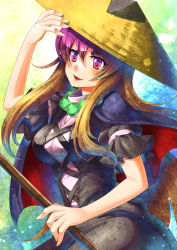 Rule 34 | 1girl, black dress, blonde hair, breasts, colorized, dress, gradient hair, hat, hijiri byakuren, jewelry, large breasts, layered dress, long hair, multicolored hair, necklace, open mouth, puffy short sleeves, puffy sleeves, purple eyes, purple hair, short sleeves, smile, solo, touhou, umigarasu (kitsune1963), very long hair, white dress