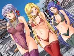 Rule 34 | 3girls, arms behind back, artist request, bdsm, blonde hair, blue hair, blush, bondage, bound, bra, breasts, cleavage, coffle, collar, large breasts, lingerie, long hair, multiple girls, navel, nipples, open mouth, panties, pubic hair, pussy, see-through, slave, source request, stocks, tears, thighhighs, uncensored, underwear, walking