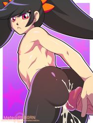 Rule 34 | :c, artist name, ashley (warioware), ass, ass focus, back, black hair, cum, cum on ass, cum on body, cum on lower body, feet out of frame, flat chest, from behind, gluteal fold, hair ornament, highres, long hair, looking at viewer, looking back, meteorreb0rn, nintendo, nipples, pantyhose, patreon username, penis, pink eyes, purple background, shiny skin, sidelocks, standing, star (symbol), swept bangs, thighs, topless, twintails, veins, veiny penis, warioware, watermark, web address