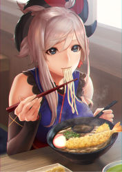 Rule 34 | 1girl, asymmetrical hair, bare shoulders, blue eyes, blue kimono, bowl, breasts, chopsticks, detached sleeves, earrings, eating, elbow sleeve, fate/grand order, fate (series), food, hair between eyes, hair ornament, highres, japanese clothes, jewelry, kimono, large breasts, miyamoto musashi (fate), miyamoto musashi (first ascension) (fate), mugetsu2501, noodles, obi, pink hair, plate, ponytail, sash, shrimp, sidelocks, silver hair, sleeveless, sleeveless kimono, spoon, table, udon, window, wooden table