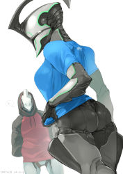 Rule 34 | 1girl, ario, artist name, ass, bodysuit, breasts, dated, excalibur (warframe), helmet, hood, hoodie, large breasts, nyx (warframe), see-through silhouette, shirt, simple background, skin tight, solo focus, t-shirt, warframe, white background