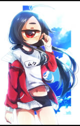 Rule 34 | + +, 10s, 1girl, 2014, adjusting hair, ahoge, black hair, blurry, buruma, cloud, cloudy sky, commentary request, cowboy shot, cyclops, dated, depth of field, dithering, expressionless, gym uniform, jacket, jitome, lens flare, letterboxed, long hair, looking at viewer, muroku (aimichiyo0526), navel, one-eyed, original, red eyes, shirt, signature, sky, solo, t-shirt, very long hair