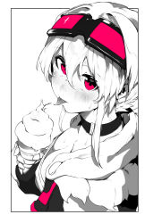 Rule 34 | 1girl, absurdres, bandeau, blush, border, breasts, choker, cleavage, eating, food, from side, goggles, goggles on head, hair between eyes, hair intakes, highres, holding, ice cream, jacket, looking at viewer, looking to the side, medium hair, niwamaru (niwarhythm), niwarhythm, original, solo, upper body, white border